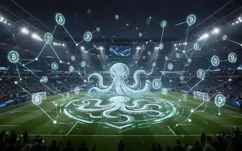 A futuristic football stadium at night with holographic blockchain connections and a large Kraken logo on the field. - Foto: über boerse-global.de