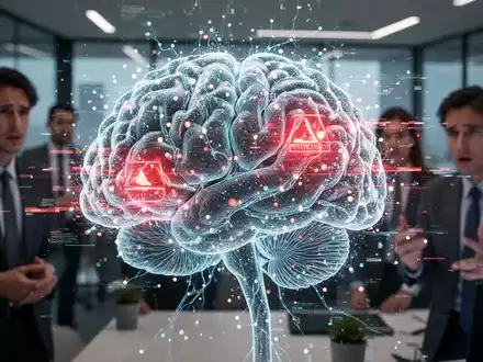 A stylized, glowing digital brain with red error signals, symbolizing AI hallucinations and data fabrication in business research. - Foto: über boerse-global.de