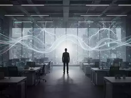 A solitary figure in a vast, dimly lit tech office, silhouetted against a digital interface with AI patterns, symbolizing job displacement. - Foto: über boerse-global.de
