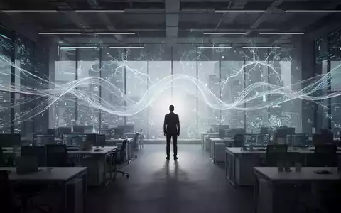 A solitary figure in a vast, dimly lit tech office, silhouetted against a digital interface with AI patterns, symbolizing job displacement. - Foto: über boerse-global.de