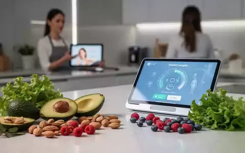 Gesunde Lebensmittel wie Avocado, Nüsse und Beeren auf einer Küchenzeile, im Hintergrund unscharf eine Frau mit Tablet. - Foto: über boerse-global.de