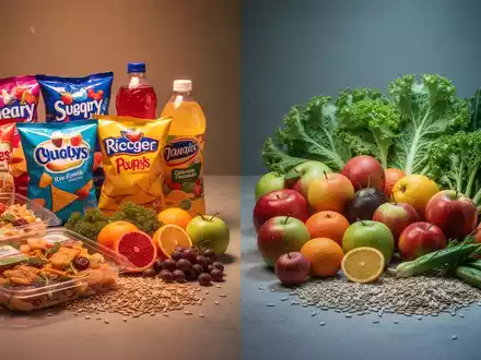 Ein Stillleben, das stark verarbeitete Fertiggerichte und ungesunde Snacks auf der einen Seite mit frischem Obst und Gemüse auf der anderen Seite gegenüberstellt. - Foto: über boerse-global.de