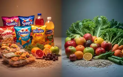 Ein Stillleben, das stark verarbeitete Fertiggerichte und ungesunde Snacks auf der einen Seite mit frischem Obst und Gemüse auf der anderen Seite gegenüberstellt. - Foto: über boerse-global.de