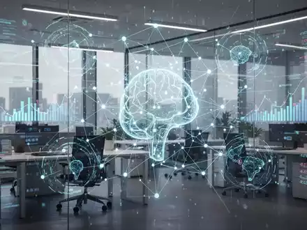 Ein stilisiertes digitales Netzwerk überlagert ein modernes Büro, symbolisiert Automatisierung und Effizienz in Finanzprozessen. - Foto: über boerse-global.de