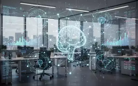 Ein stilisiertes digitales Netzwerk überlagert ein modernes Büro, symbolisiert Automatisierung und Effizienz in Finanzprozessen. - Foto: über boerse-global.de
