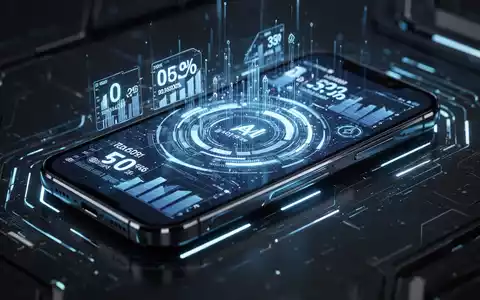 A close-up of a modern smartphone displaying a futuristic interface with abstract data streams and AI symbols. - Foto: über boerse-global.de