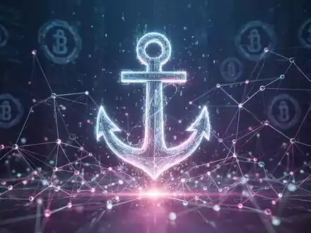 Ein futuristischer, leuchtender digitaler Anker, der aus einem komplexen Netzwerk von Knoten und Datenströmen hervorgeht. - Foto: über boerse-global.de