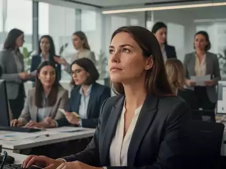 Eine Gruppe von Frauen in einem modernen Büro, die arbeiten und zusammenarbeiten. Eine Frau blickt nachdenklich in die Ferne. - Foto: über boerse-global.de