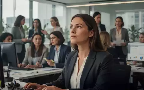 Eine Gruppe von Frauen in einem modernen Büro, die arbeiten und zusammenarbeiten. Eine Frau blickt nachdenklich in die Ferne. - Foto: über boerse-global.de