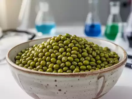 Nahaufnahme von Mungbohnen in einer Schale, im Hintergrund unscharf Laborgeräte, die Forschung und Gesundheit symbolisieren. - Foto: über boerse-global.de