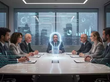 Ein modernes Konferenzzimmer mit einem holografischen Interface, das Besprechungsnotizen und Datenvisualisierungen anzeigt. Eine KI-Präsenz symbolisiert Effizienz. - Foto: über boerse-global.de