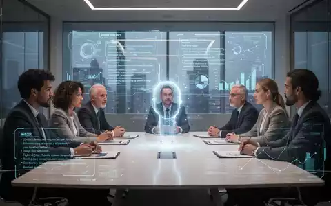 Ein modernes Konferenzzimmer mit einem holografischen Interface, das Besprechungsnotizen und Datenvisualisierungen anzeigt. Eine KI-Präsenz symbolisiert Effizienz. - Foto: über boerse-global.de