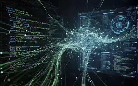 Abstrakte Darstellung von KI-gesteuerter Softwareentwicklung mit leuchtenden Codezeilen, die sich zu einem komplexen Netzwerk verbinden. - Foto: über boerse-global.de