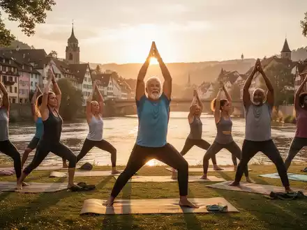 Eine vielfältige Gruppe von Menschen macht Yoga am Flussufer bei Sonnenuntergang, mit Fokus auf Entspannung und Gemeinschaft. - Foto: über boerse-global.de