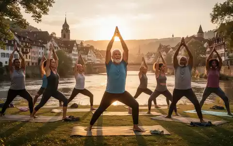 Eine vielfältige Gruppe von Menschen macht Yoga am Flussufer bei Sonnenuntergang, mit Fokus auf Entspannung und Gemeinschaft. - Foto: über boerse-global.de