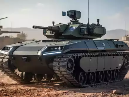 A modern military uncrewed ground vehicle (UGV) with advanced sensors and rugged treads in an outdoor, tactical setting. - Foto: über boerse-global.de