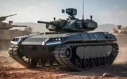 A modern military uncrewed ground vehicle (UGV) with advanced sensors and rugged treads in an outdoor, tactical setting. - Foto: über boerse-global.de