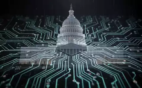 Eine digitale Leiterplatte mit leuchtenden Linien, die KI-Modelle und Datenfluss symbolisiert, überlagert mit einer Silhouette des US-Kapitols. - Foto: über boerse-global.de