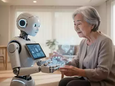 Ein älterer japanischer Mensch interagiert mit einem humanoiden Roboter bei einer kognitiven Übung in einem modernen Zuhause. - Foto: über boerse-global.de