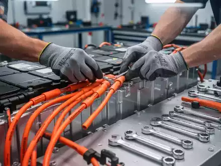 Mechanikerhände arbeiten an orangefarbenen Hochvoltkabeln einer E-Auto-Batterie in einer Werkstatt. - Foto: über boerse-global.de