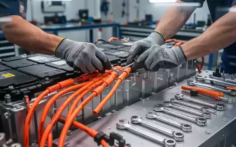 Mechanikerhände arbeiten an orangefarbenen Hochvoltkabeln einer E-Auto-Batterie in einer Werkstatt. - Foto: über boerse-global.de