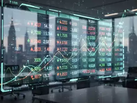Abstrakte Darstellung von Finanzdaten und Wachstumskurven auf einem futuristischen Ticker in einem modernen Büro. - Foto: über boerse-global.de