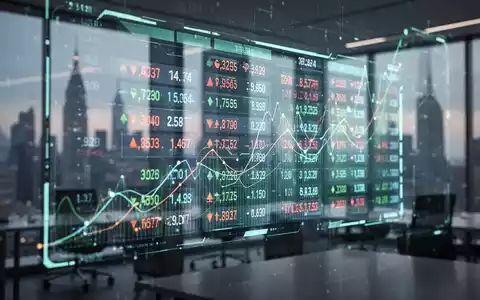 Abstrakte Darstellung von Finanzdaten und Wachstumskurven auf einem futuristischen Ticker in einem modernen Büro. - Foto: über boerse-global.de