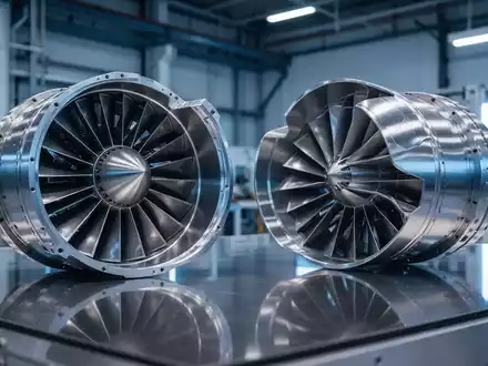 Nahaufnahme von glänzenden Metallkomponenten eines modernen Düsentriebwerks in einer Hightech-Fertigungsumgebung. - Foto: über boerse-global.de