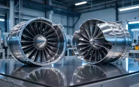 Nahaufnahme von glänzenden Metallkomponenten eines modernen Düsentriebwerks in einer Hightech-Fertigungsumgebung. - Foto: über boerse-global.de