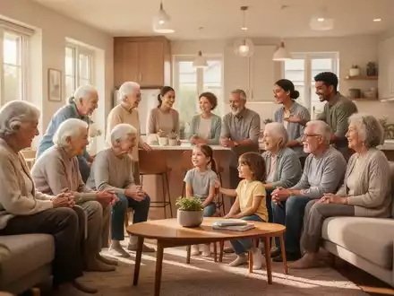 Eine vielfältige Gruppe von Menschen verschiedener Generationen interagiert in einem hellen Gemeinschaftsbereich eines Mehrgenerationenhauses. - Foto: über boerse-global.de