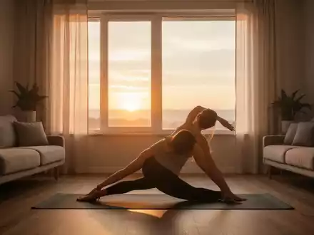 Eine Person macht morgens sanfte Dehnübungen auf einer Yogamatte in einem sonnendurchfluteten Raum, der Ruhe ausstrahlt. - Foto: über boerse-global.de
