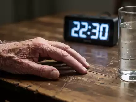 Eine Nahaufnahme einer älteren Hand, die auf einem Tisch ruht, mit einer unscharfen Digitaluhr und einem Glas Wasser im Hintergrund. - Foto: über boerse-global.de