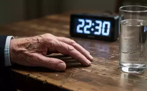 Eine Nahaufnahme einer älteren Hand, die auf einem Tisch ruht, mit einer unscharfen Digitaluhr und einem Glas Wasser im Hintergrund. - Foto: über boerse-global.de