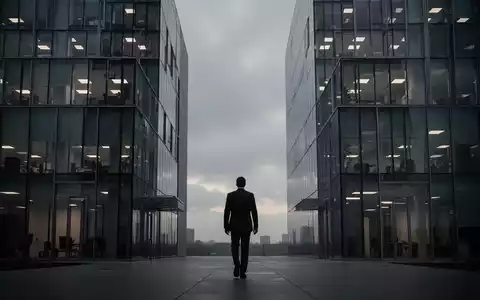 Eine einzelne, silhouettierte Figur geht bei Sonnenuntergang von einem modernen Bürogebäude weg, das eine düstere Stimmung vermittelt. - Foto: über boerse-global.de