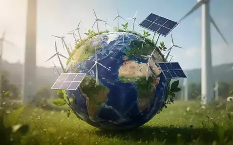 Eine stilisierte Weltkugel mit Symbolen für Windturbinen und Solarpaneele, die saubere Energie und Nachhaltigkeit darstellen. - Foto: über boerse-global.de