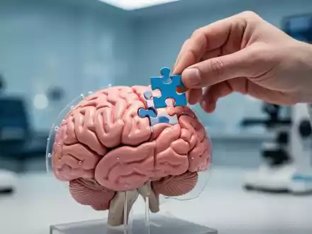 Nahaufnahme eines Gehirnmodells, in das eine Hand ein Puzzleteil einfügt, im Hintergrund ein Forschungslabor. - Foto: über boerse-global.de