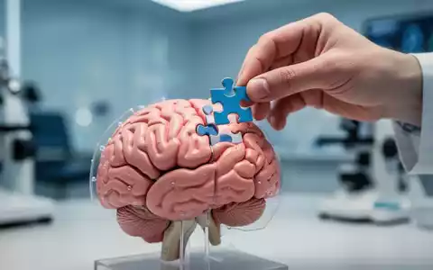 Nahaufnahme eines Gehirnmodells, in das eine Hand ein Puzzleteil einfügt, im Hintergrund ein Forschungslabor. - Foto: über boerse-global.de