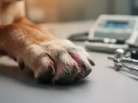 Nahaufnahme der Pfote eines älteren Hundes, die leichte Entzündungszeichen zeigt, mit verschwommenem Hintergrund von Tierarztgeräten. - Foto: über boerse-global.de