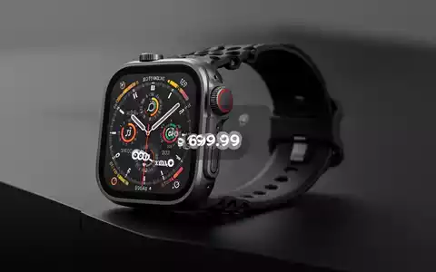 Close-up of an Apple Watch Ultra 3, black titanium with a black band, displaying a price of $699.99. - Foto: über boerse-global.de