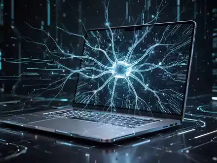 A laptop screen displaying abstract, glowing lines representing an AI neural network, with binary code reflected on its surface. - Foto: über boerse-global.de