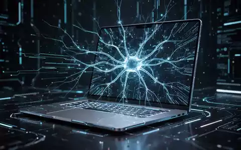 A laptop screen displaying abstract, glowing lines representing an AI neural network, with binary code reflected on its surface. - Foto: über boerse-global.de