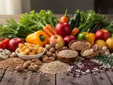 Eine Nahaufnahme einer Vielzahl von frischem Gemüse, Obst, Nüssen und Vollkornprodukten auf einem Holztisch, die gesunde Ernährung symbolisieren. - Foto: über boerse-global.de