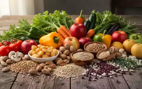 Eine Nahaufnahme einer Vielzahl von frischem Gemüse, Obst, Nüssen und Vollkornprodukten auf einem Holztisch, die gesunde Ernährung symbolisieren. - Foto: über boerse-global.de
