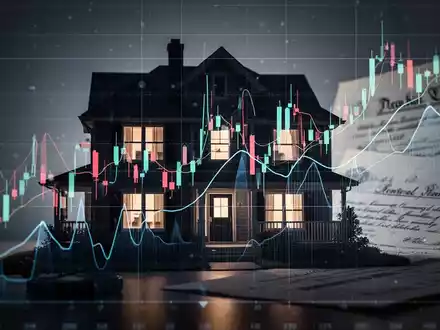 Abstrakte Finanzgrafiken überlagern die Silhouette eines Einfamilienhauses, mit angedeuteten Rechtsdokumenten. Dramatisches Licht. - Foto: über boerse-global.de