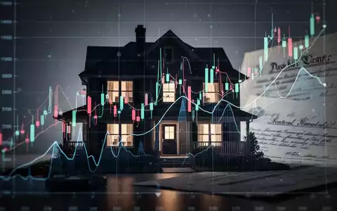 Abstrakte Finanzgrafiken überlagern die Silhouette eines Einfamilienhauses, mit angedeuteten Rechtsdokumenten. Dramatisches Licht. - Foto: über boerse-global.de