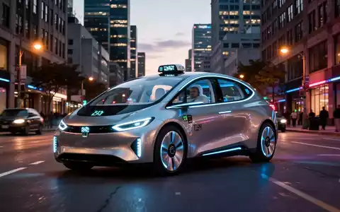 A futuristic, driverless robotaxi driving on a city street at dusk, with city lights blurred in the background. - Foto: über boerse-global.de