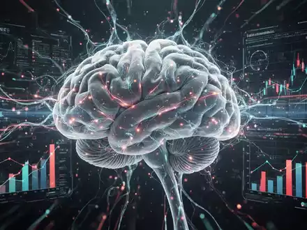 Ein stilisiertes Gehirn mit leuchtenden neuronalen Netzen, verbunden mit digitalen Datenströmen und holografischen Finanzdiagrammen. - Foto: über boerse-global.de