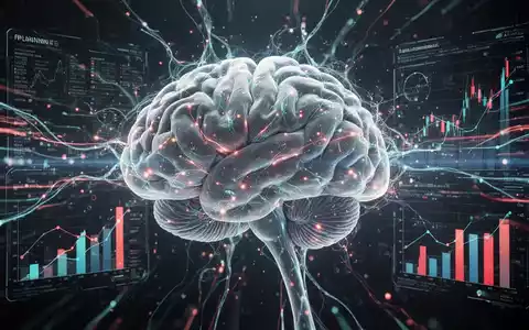 Ein stilisiertes Gehirn mit leuchtenden neuronalen Netzen, verbunden mit digitalen Datenströmen und holografischen Finanzdiagrammen. - Foto: über boerse-global.de