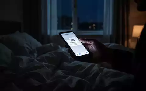 Eine Hand greift nachts nach einem leuchtenden Smartphone auf einem Nachttisch, während eine ungemachte Bettdecke im Hintergrund liegt. - Foto: über boerse-global.de