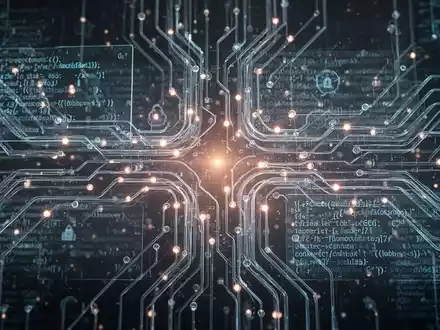 Eine stilisierte Darstellung von Daten, die durch digitale Schaltkreise fließen, mit transparenten Schichten, die Code und Algorithmen zeigen. - Foto: über boerse-global.de